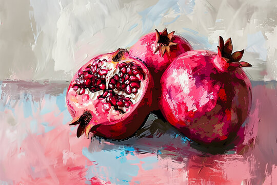 Artistic rendering of three pomegranates on a grey abstract background with light brush strokes. One pomegranate is cut open and red seeds are visible