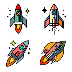 set of space rocket, colorful rocket on white background.	