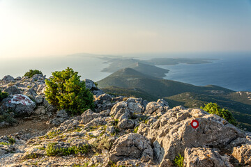 Beautiful view of the archipelago from the Osorcica Televrina mountain on the island of Losinj, Croatia during the sunrise
