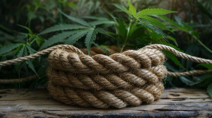 Rustic handmade hemp rope coiled on an old wooden surface