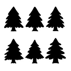 Isolated Pine on the white background. Pine silhouettes. Tree hand drawn