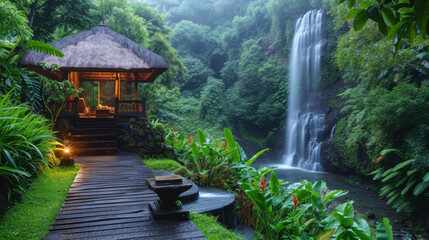 Fototapeta na wymiar Serene Bali yoga retreat with lush waterfall view, perfect for tranquility and meditation