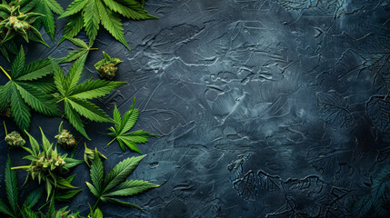 Artistic display of cannabis leaves and buds on a dark textured background - obrazy, fototapety, plakaty