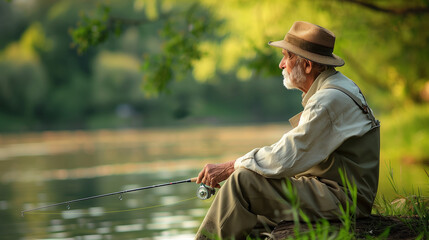 An old man in loose clothes and a hat sat casually by the lake while fishing. AI generated Images - obrazy, fototapety, plakaty