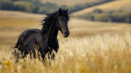 Fototapeta na wymiar Hillside Black horse