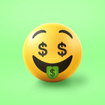 Money tongue Emoji stress ball on shiny floor. 3D emoticon isolated.