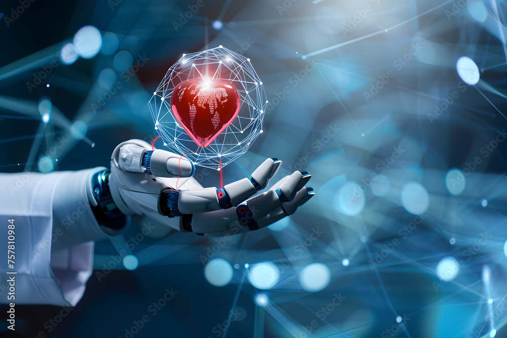 Wall mural medicine robot doctor holding red heart shape in hand with medical icon network connection modern vi