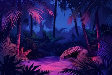 Fantasy landscape forest at night. night forest with fog background. nature leaves wallpaper for desktop. Natural landscape background. Synthwave Style Leaf Background. fantasy forest wallpaper.