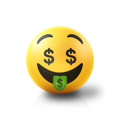 Money tongue Emoji stress ball on shiny floor. 3D emoticon isolated.