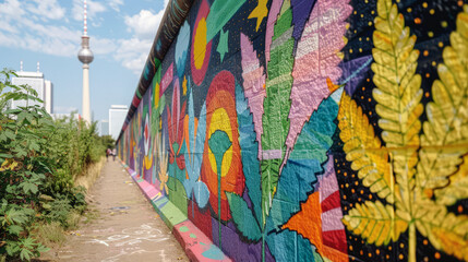 Colorful Berlin street art celebrating cannabis with vibrant mural - obrazy, fototapety, plakaty