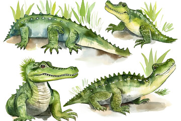 watercolor alligators Set cartoon illustration crocodiles Vector