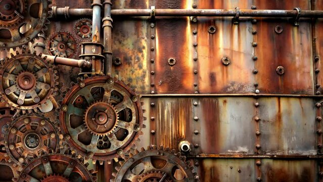 an old rusty wall with a gear mechanism, steampunk style, abstraction, background for music