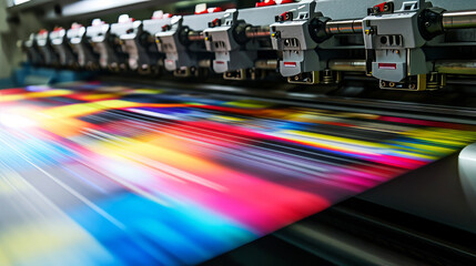 High-speed offset printing press creating vibrant color prints