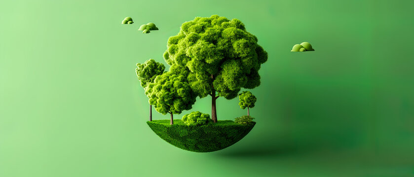 A green tree is surrounded by other trees and is on a green background, ECO, sustainability, environment
