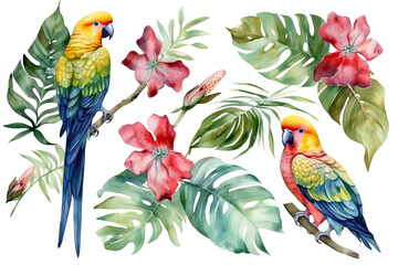 watercolor background flowers white botanical palm illustrations birds Set leaves isolated parrots