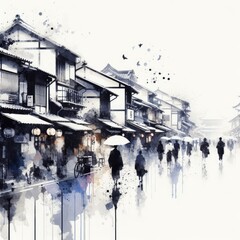 Kyoto Gion street view in splash ink painting with Generative AI.