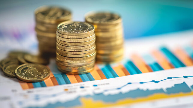 Stack of British pound coins on colorful financial graphs and charts - Powered by Adobe