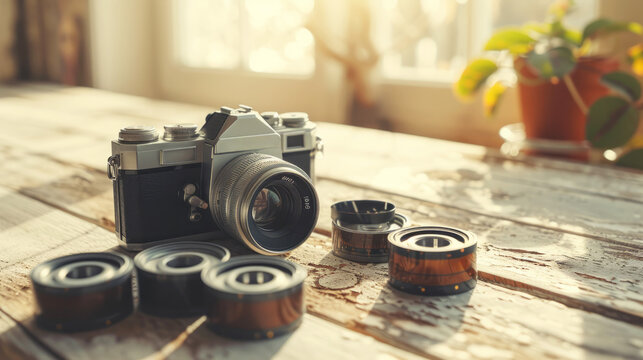 Vintage camera and film rolls on rustic wooden table with warm sunlight