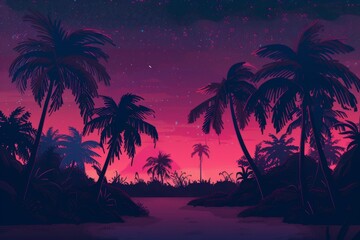 Fototapeta premium Fantasy landscape forest at night. night forest with fog background. nature leaves wallpaper for desktop. Natural landscape background. Synthwave Style Leaf Background. fantasy forest wallpaper.