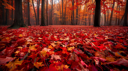 Carpet of red autumn leaves covering the forest floor,ai generated - Powered by Adobe