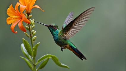 A hummingbird hovers near an orange flower.