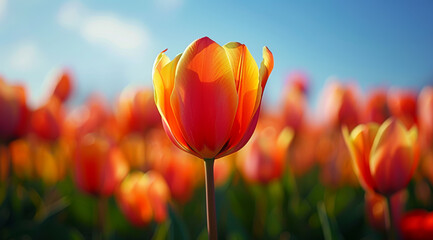 Single orange tulip in close-up against a blurred background, ai generated