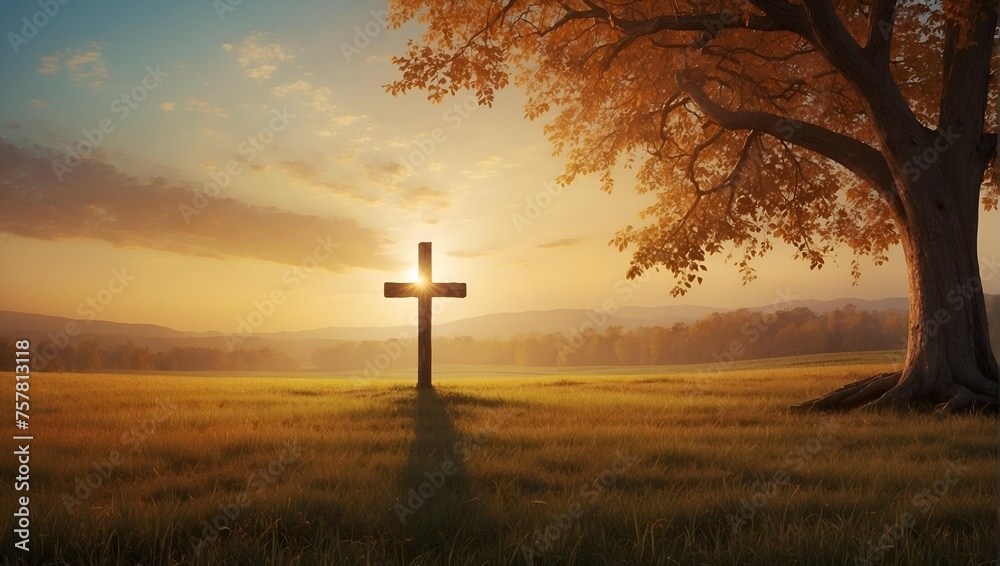 Wall mural cross in the autumn meadows background . faith and religious theme - Wall murals