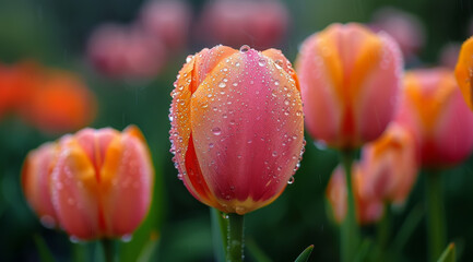 Close-up of orange tulips with water droplets indicating recent rain,ai generated