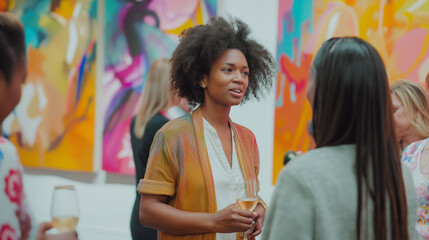African woman art curator and gallerist opening night at an art exhibition. A successful art gallery opening is all about creating a buzz. You want people to be talking about the art and buying