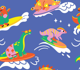 Surfing Dino Team seamless pattern