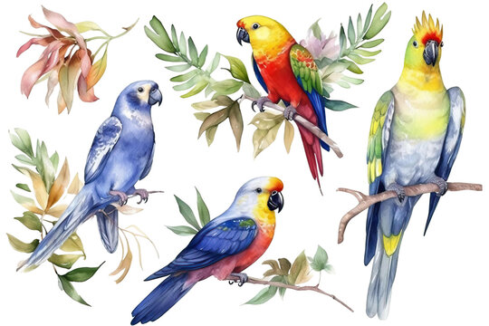 background cockatiel maccaw illustration white elements Watercolor Isolated birds design Set tropical Parrots
