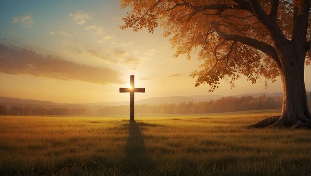 Cross  in the autumn meadows background . Faith and religious theme
