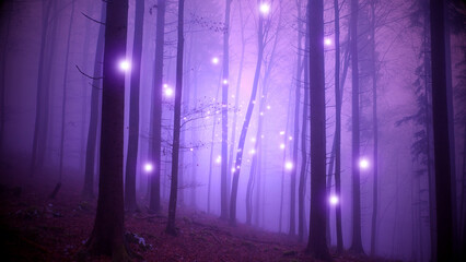 Fantasy fireflies in purple foggy forest.