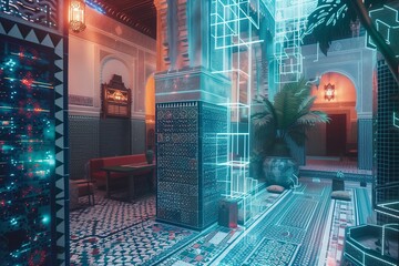 Moroccan riads transformed into a cyberpunk haven, featuring intricate tilework and holographic enhancements.