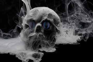 Homemade scary skull with menacing eyes with unique fog and mist patterns swirling round the skull