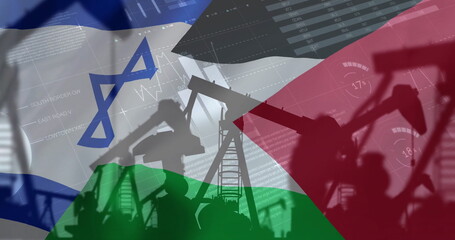 Image of oil rigs and financial data processing over flag of palestine and israel
