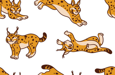 Obraz premium Seamless pattern with wildcat lynx in cartoon style. Vector illustration