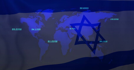 Image of map and data processing over flag of israel