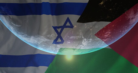 Image of globe over flag of israel and palestine