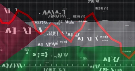 Image of red line and financial data processing over flag of palestine