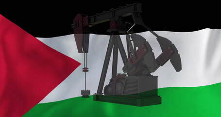 Image of oil rig over flag of palestine