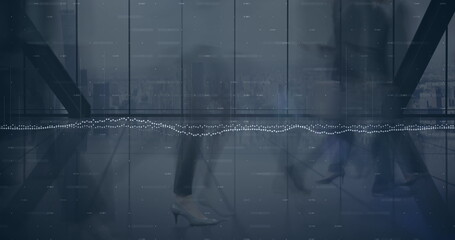 Composite image of statistical data processing against time lapse of people walking at office
