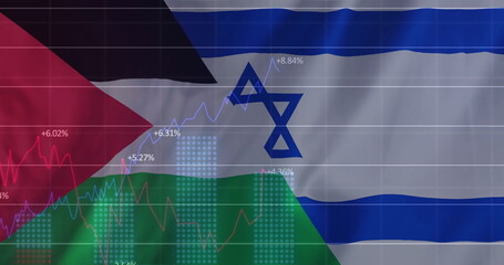 Image of financial data processing over flag of palestine and israel