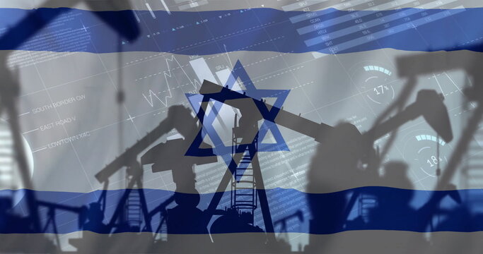 Image of oil rigs and financial data processing over flag of israel - Powered by Adobe