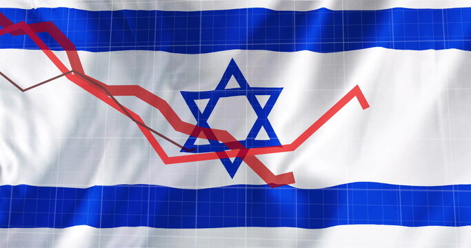 Naklejki Image of red lines and financial data processing over flag of israel