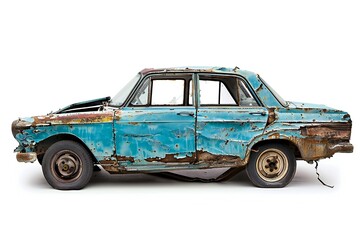 Broken car isolated on white background Generative Ai 