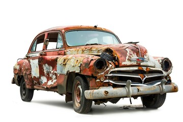 Broken car isolated on white background Generative Ai 
