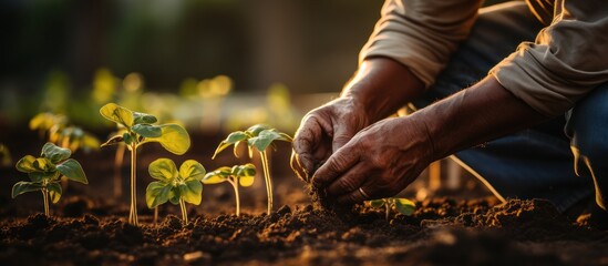 close up of farmer hands sowing vegetable seeds in fertile soil, organic farming concept