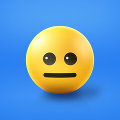 Neutral and emotionless Emoji stress ball on shiny floor. 3D emoticon isolated.