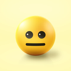 Neutral and emotionless Emoji stress ball on shiny floor. 3D emoticon isolated.